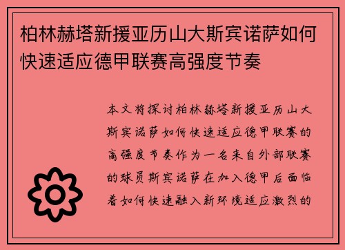 柏林赫塔新援亚历山大斯宾诺萨如何快速适应德甲联赛高强度节奏