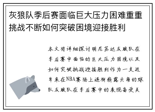 灰狼队季后赛面临巨大压力困难重重挑战不断如何突破困境迎接胜利