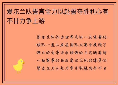 爱尔兰队誓言全力以赴誓夺胜利心有不甘力争上游