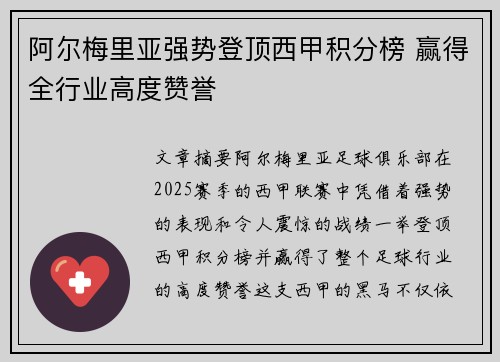 阿尔梅里亚强势登顶西甲积分榜 赢得全行业高度赞誉