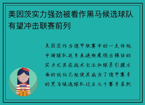 美因茨实力强劲被看作黑马候选球队有望冲击联赛前列