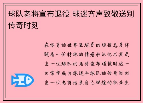 球队老将宣布退役 球迷齐声致敬送别传奇时刻