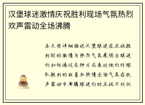 汉堡球迷激情庆祝胜利现场气氛热烈欢声雷动全场沸腾
