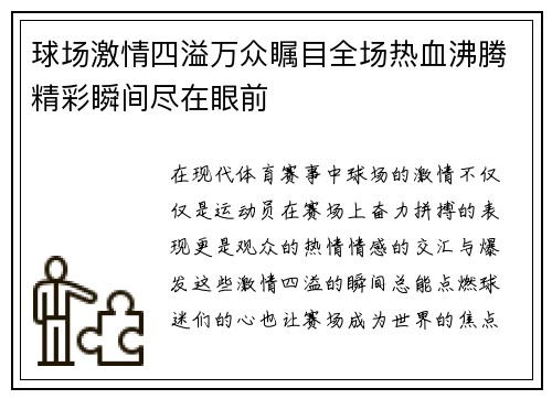 球场激情四溢万众瞩目全场热血沸腾精彩瞬间尽在眼前