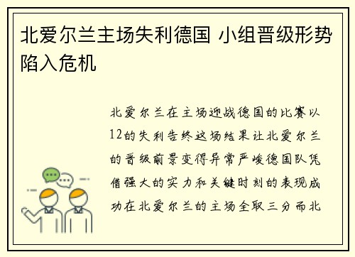 北爱尔兰主场失利德国 小组晋级形势陷入危机
