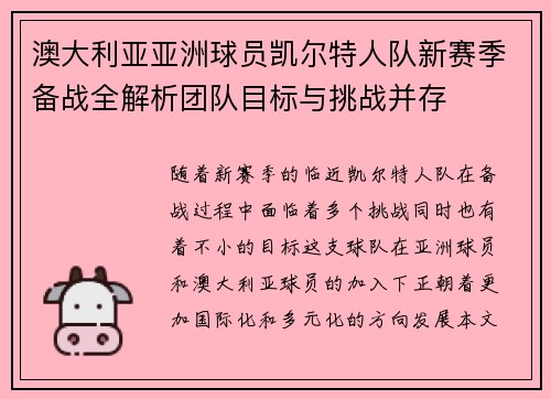 澳大利亚亚洲球员凯尔特人队新赛季备战全解析团队目标与挑战并存