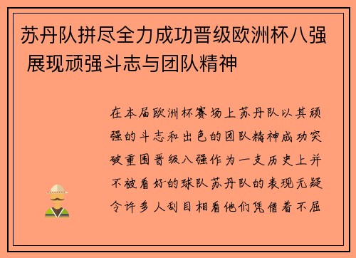 苏丹队拼尽全力成功晋级欧洲杯八强 展现顽强斗志与团队精神